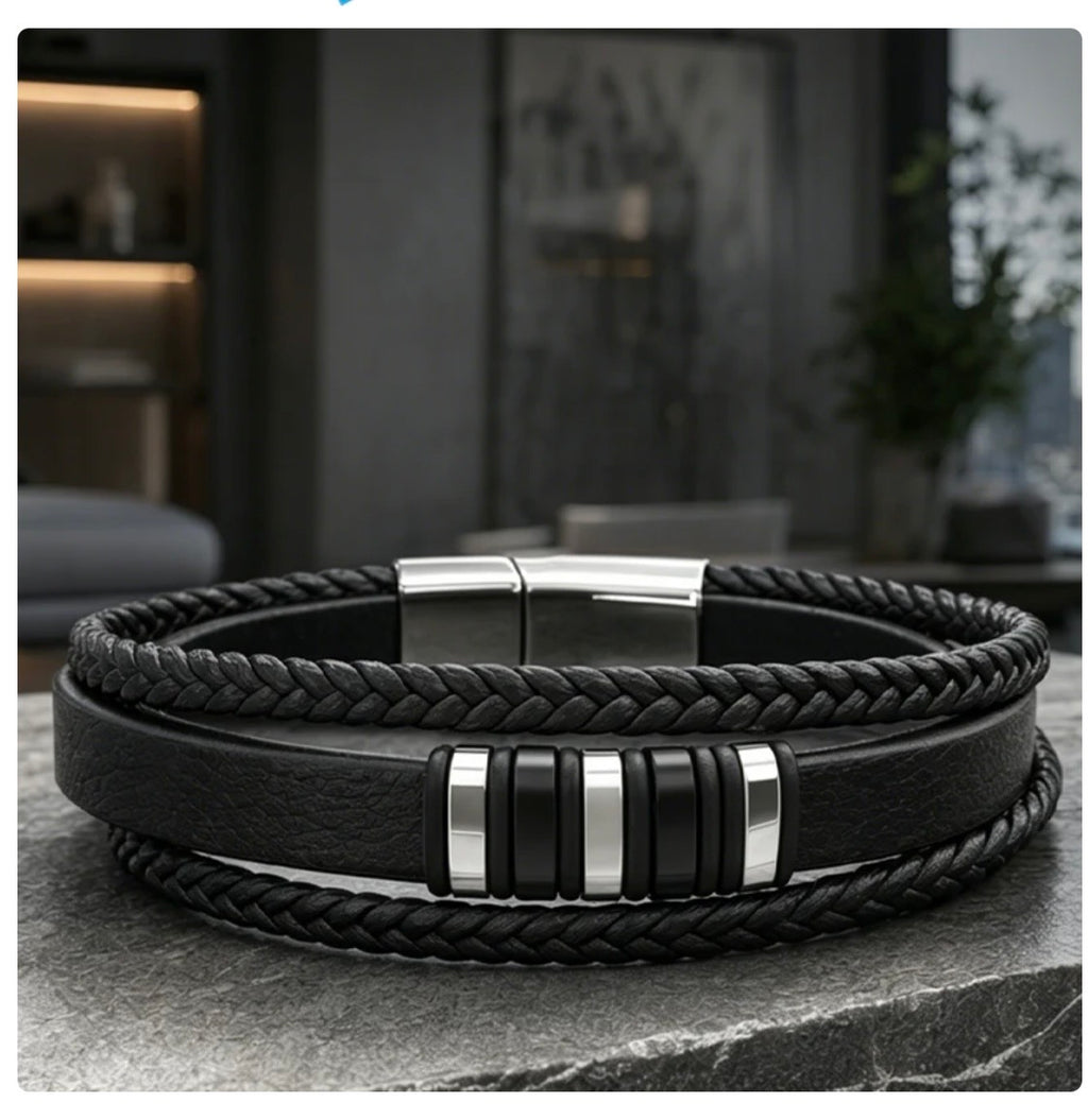 Multi-layered braided PU leather bracelet